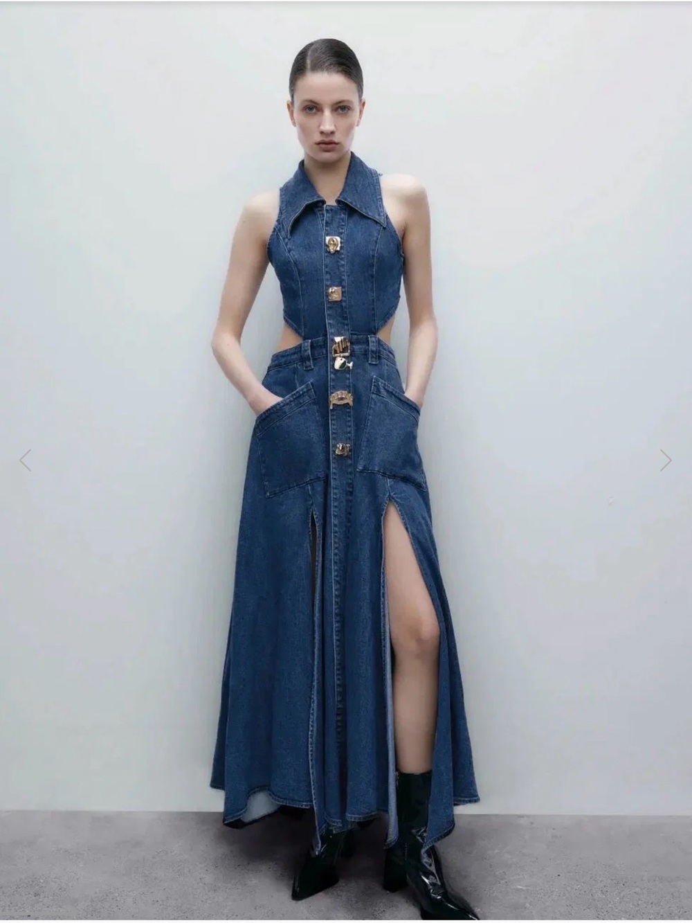 Blue Denim Flare Maxi Dress with Cutouts